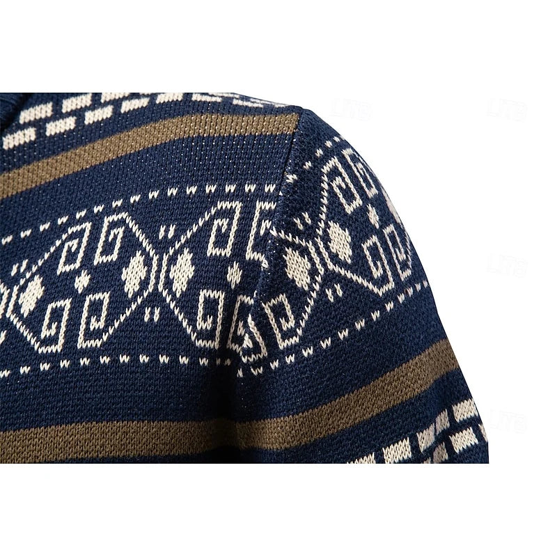 Men's navy blue fair isle zip-up knit cardigan with ribbed cuffs