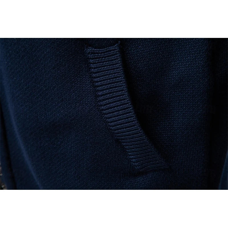 Men's navy blue fair isle zip-up knit cardigan with ribbed cuffs