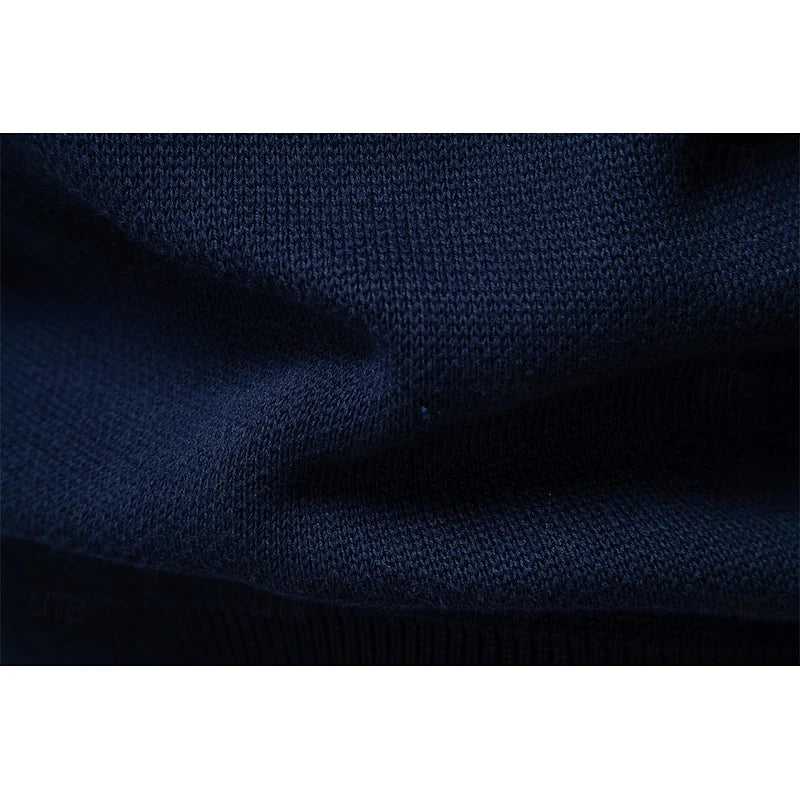 Men's navy blue fair isle zip-up knit cardigan with ribbed cuffs