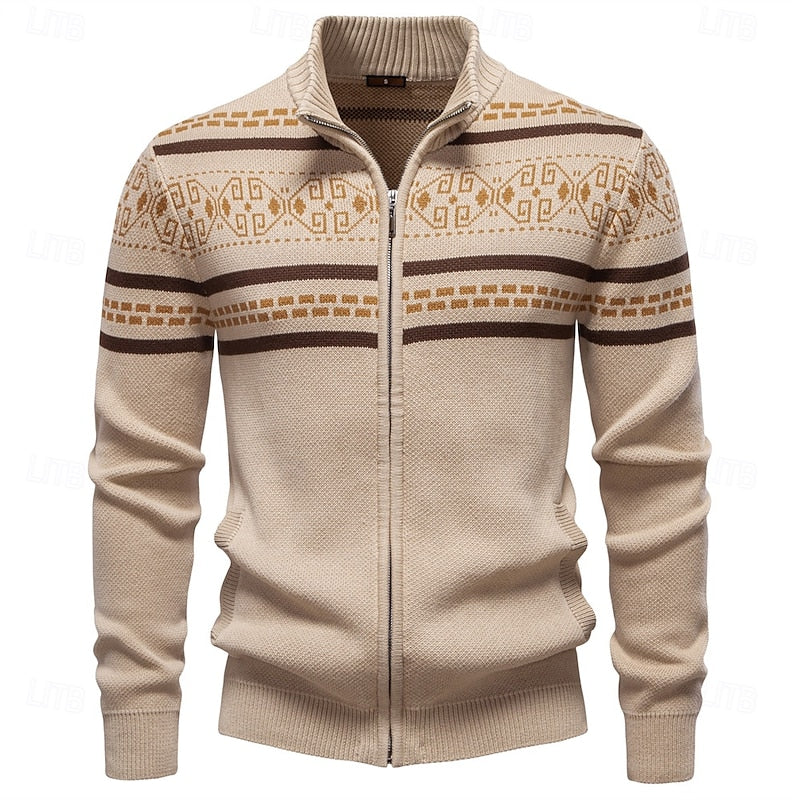 Men's khaki fair isle zip-up knit cardigan with ribbed cuffs