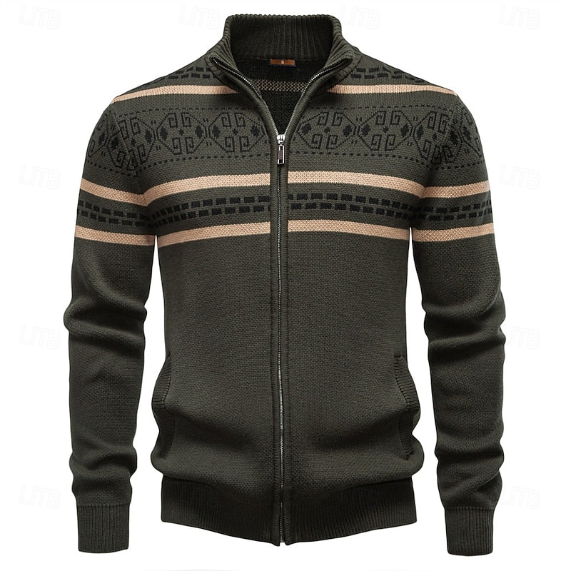 Men's military green fair isle zip-up knit cardigan with ribbed cuffs