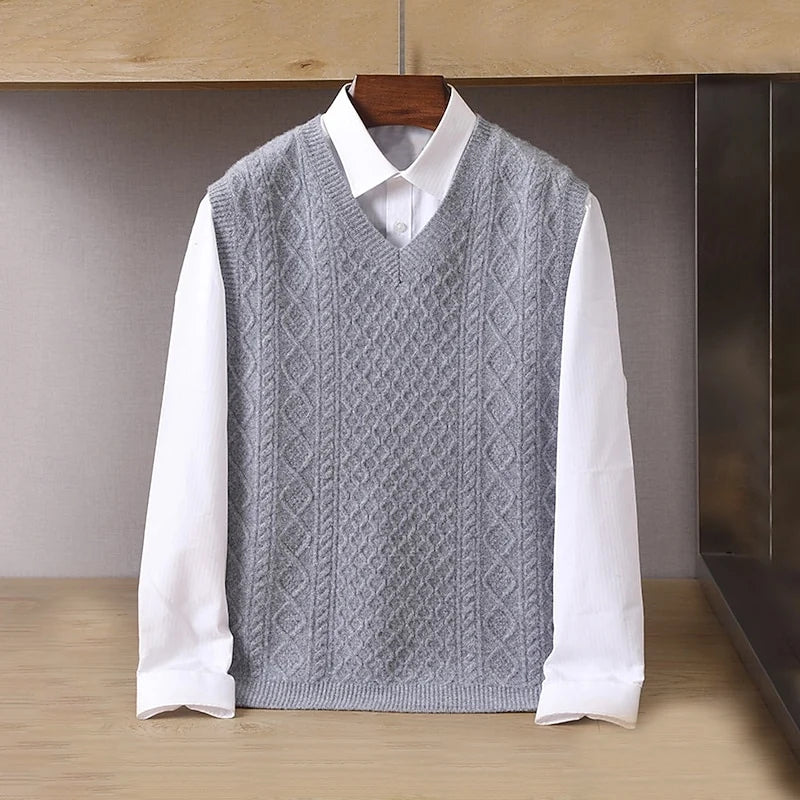 Men's light gray classic V-Neck Cable-Knit Sweater Vest