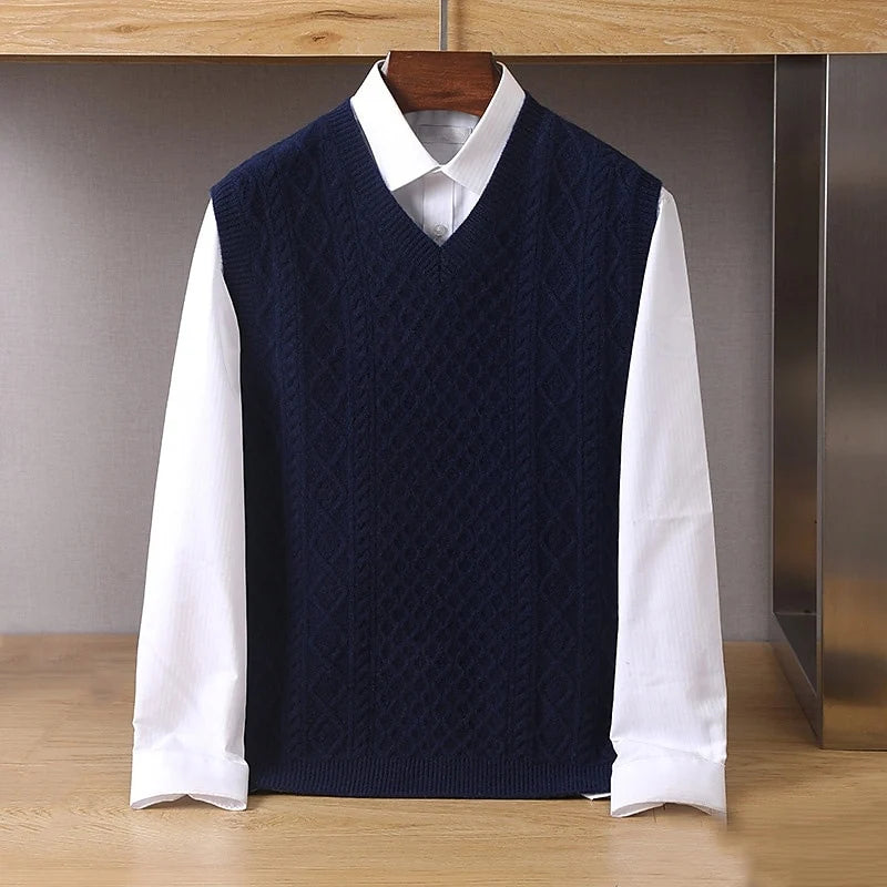 Men's navy blue classic V-Neck Cable-Knit Sweater Vest