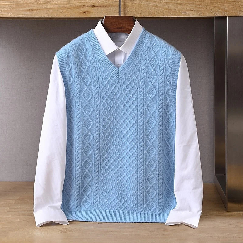 Men's light blue classic V-Neck Cable-Knit Sweater Vest