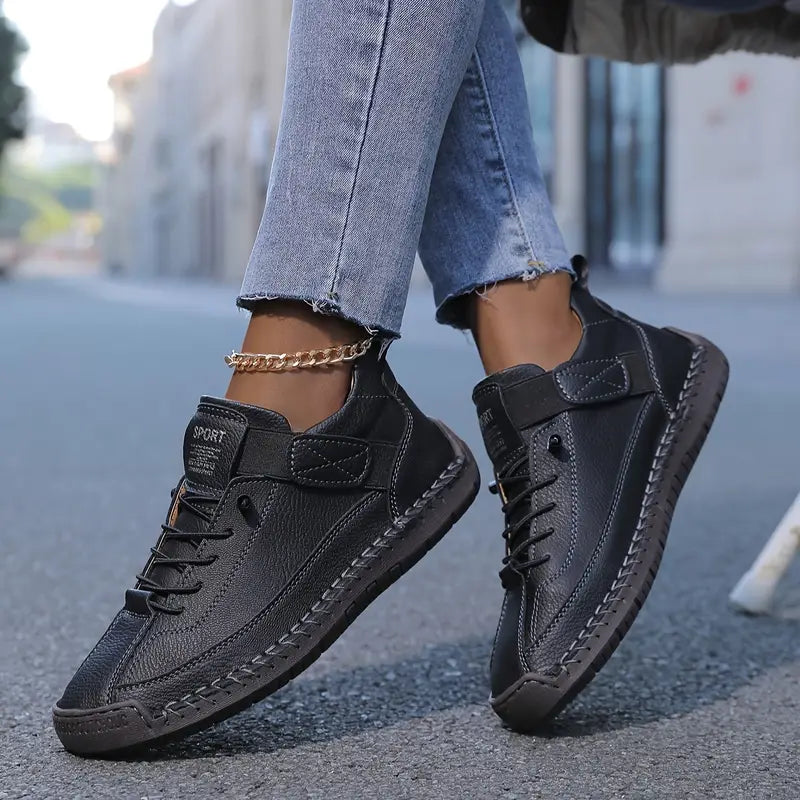 Women's black lace-up Casual Comfort Sneakers with Strap Closure