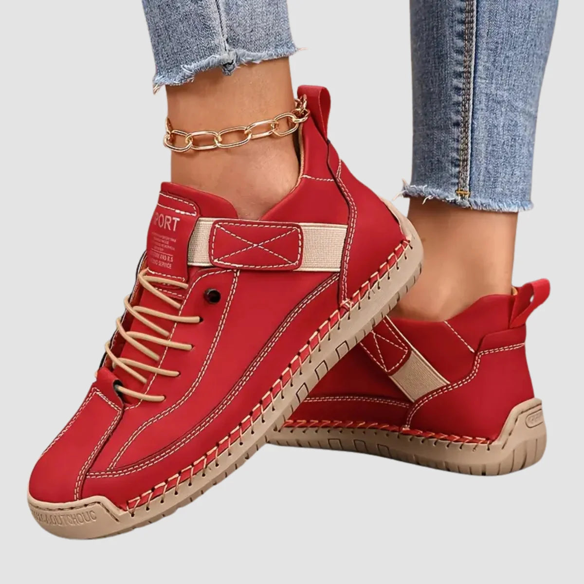 Women's red lace-up Casual Comfort Sneakers with Strap Closure