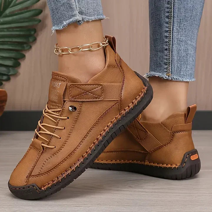Women's brown lace-up Casual Comfort Sneakers with Strap Closure