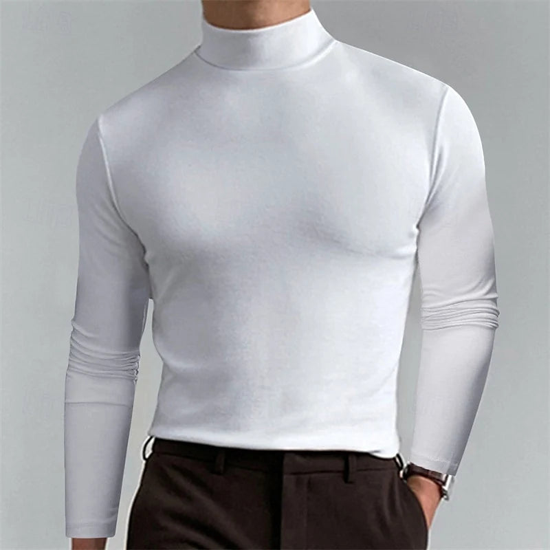 Men's white slim-Fit Ribbed Mock Neck Sweater for Winter Layering