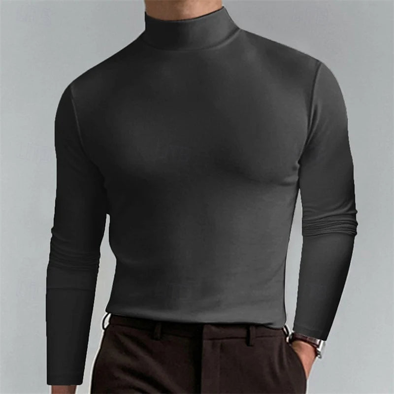 Men's dark gray slim-Fit Ribbed Mock Neck Sweater for Winter Layering
