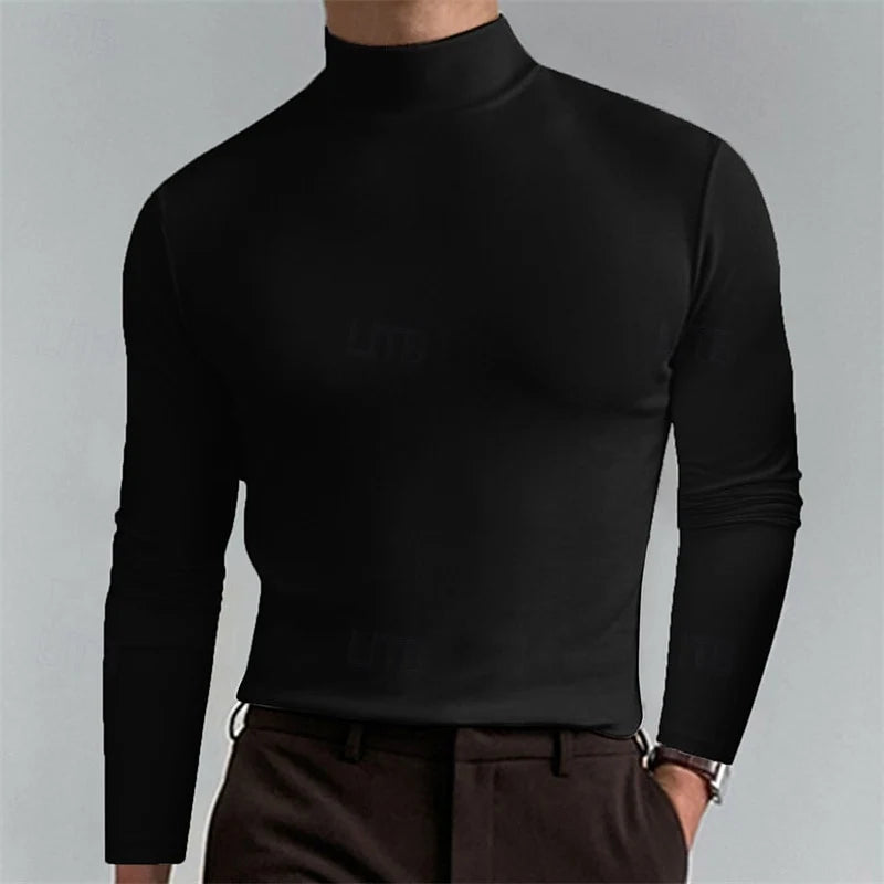Men's black slim-Fit Ribbed Mock Neck Sweater for Winter Layering