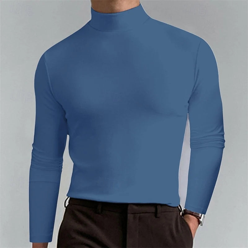 Men's blue slim-Fit Ribbed Mock Neck Sweater for Winter Layering