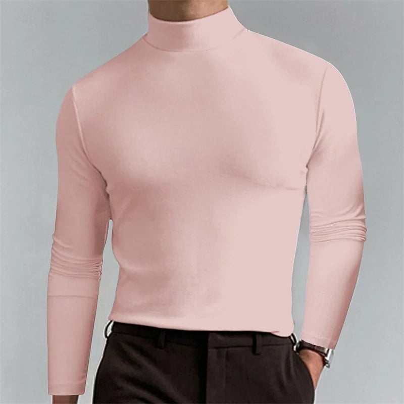 Men's apricot slim-Fit Ribbed Mock Neck Sweater for Winter Layering