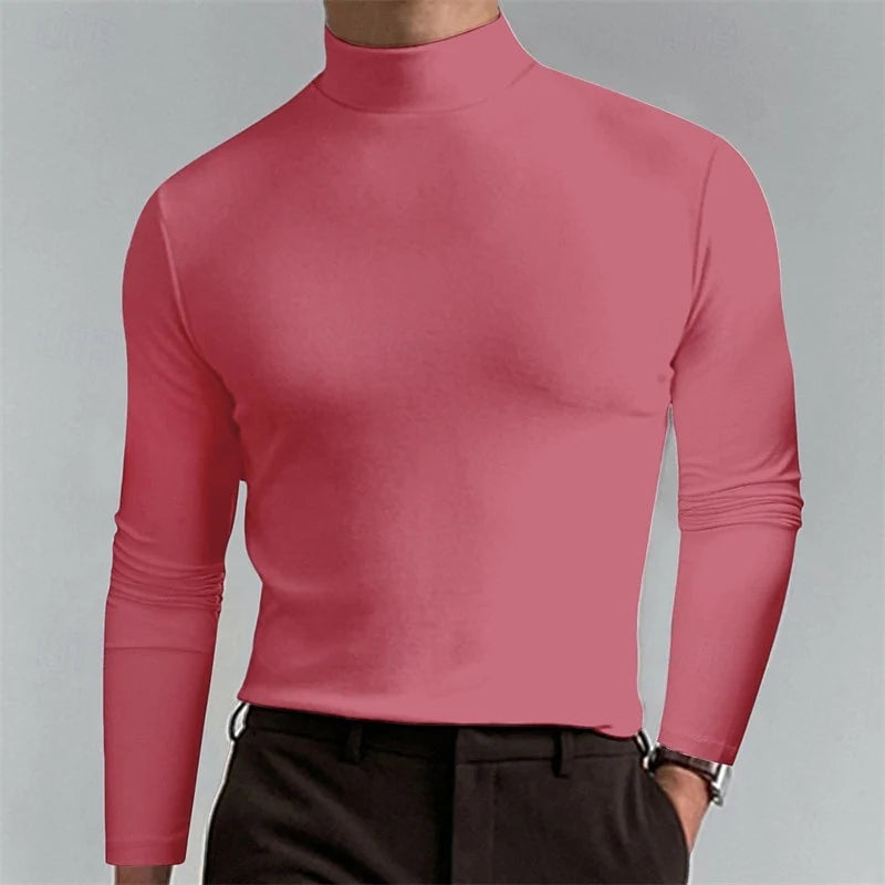 Men's pink slim-Fit Ribbed Mock Neck Sweater for Winter Layering