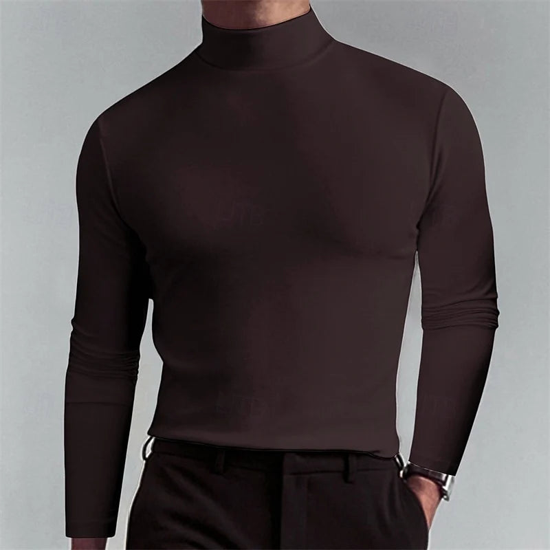 Men's coffee slim-Fit Ribbed Mock Neck Sweater for Winter Layering