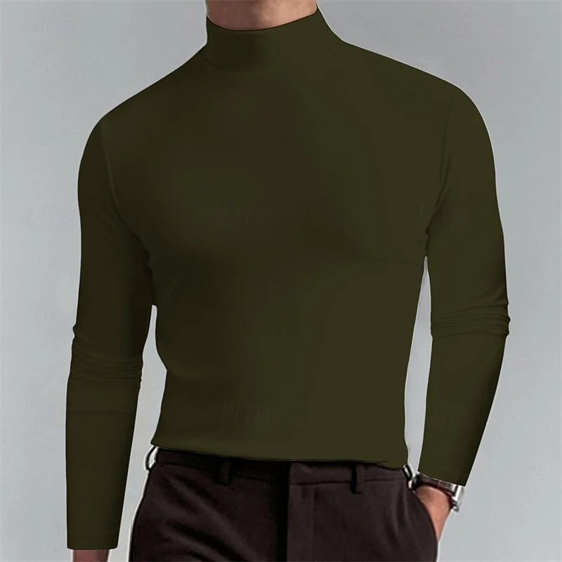 Men's army green slim-Fit Ribbed Mock Neck Sweater for Winter Layering