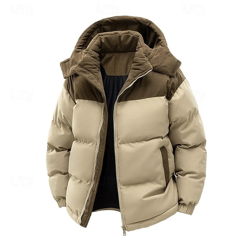 Men's khaki insulated hooded puffer jacket with christmas print