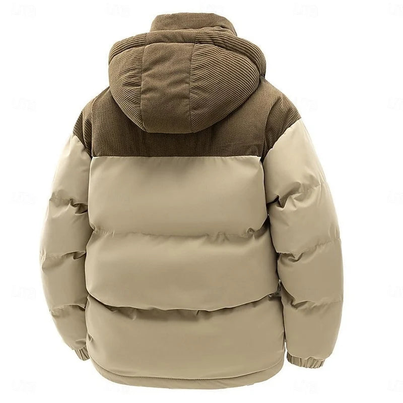 Men's khaki insulated hooded puffer jacket with christmas print