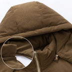 Men's khaki insulated hooded puffer jacket with christmas print