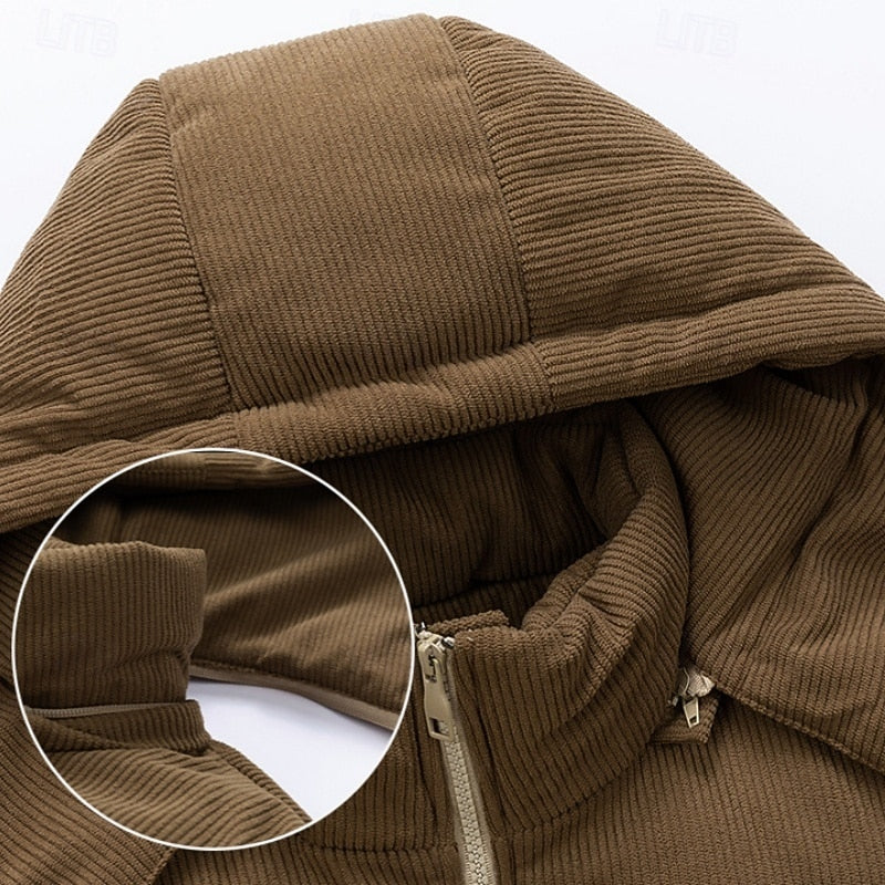 Men's khaki insulated hooded puffer jacket with christmas print