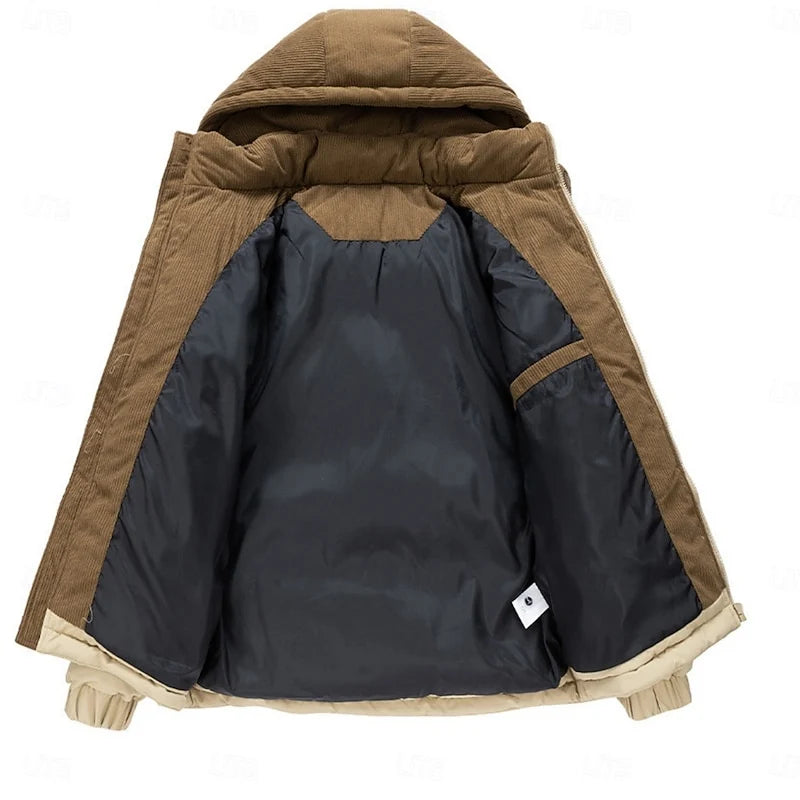 Men's khaki insulated hooded puffer jacket with christmas print