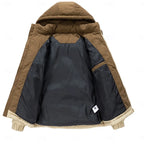 Men's khaki insulated hooded puffer jacket with christmas print