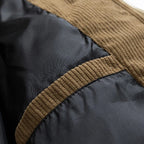 Men's khaki insulated hooded puffer jacket with christmas print