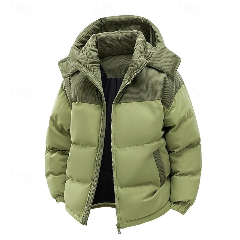 Men's green insulated hooded puffer jacket with christmas print