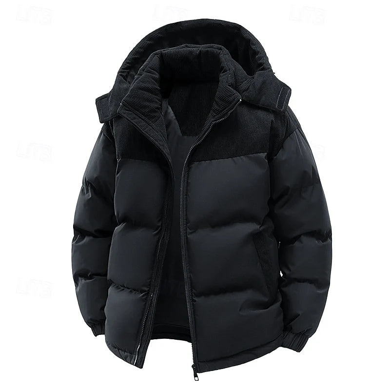 Men's black insulated hooded puffer jacket with christmas print