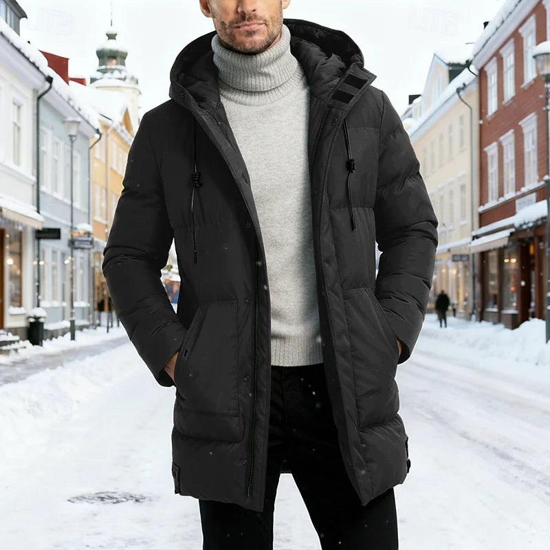 Men's black hooded longline winter coat with drawstring hood