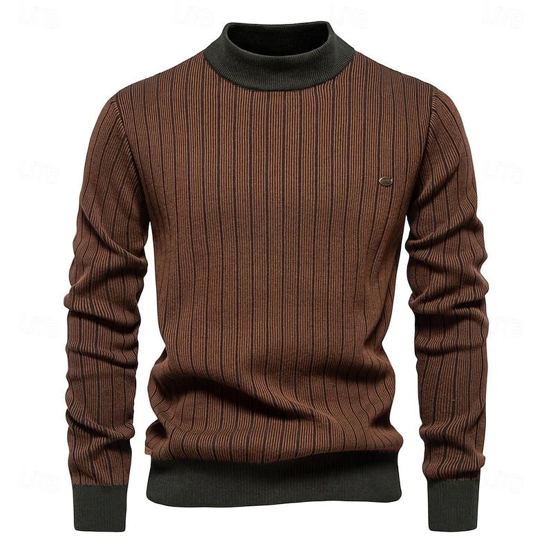 Men's brown striped ribbed knit mock neck sweater, front view