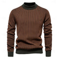Men's brown striped ribbed knit mock neck sweater, front view
