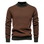 Men's brown striped ribbed knit mock neck sweater, front view