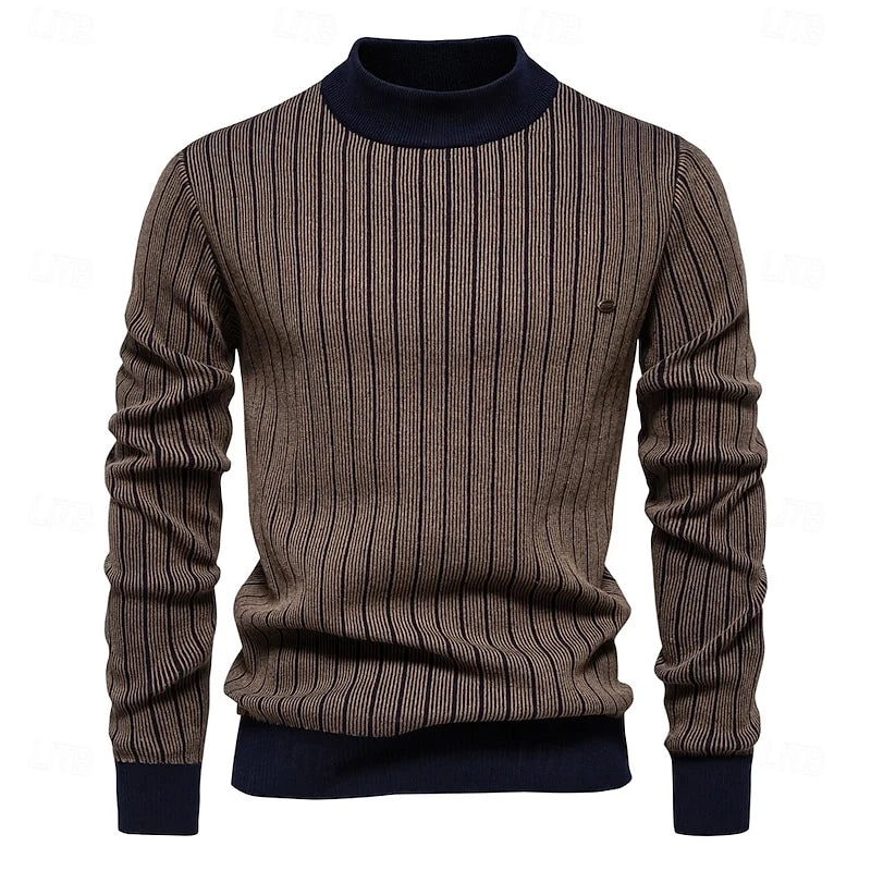 Men's khaki striped ribbed knit mock neck sweater, front view