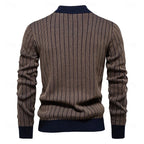 Men's khaki striped ribbed knit mock neck sweater, back view