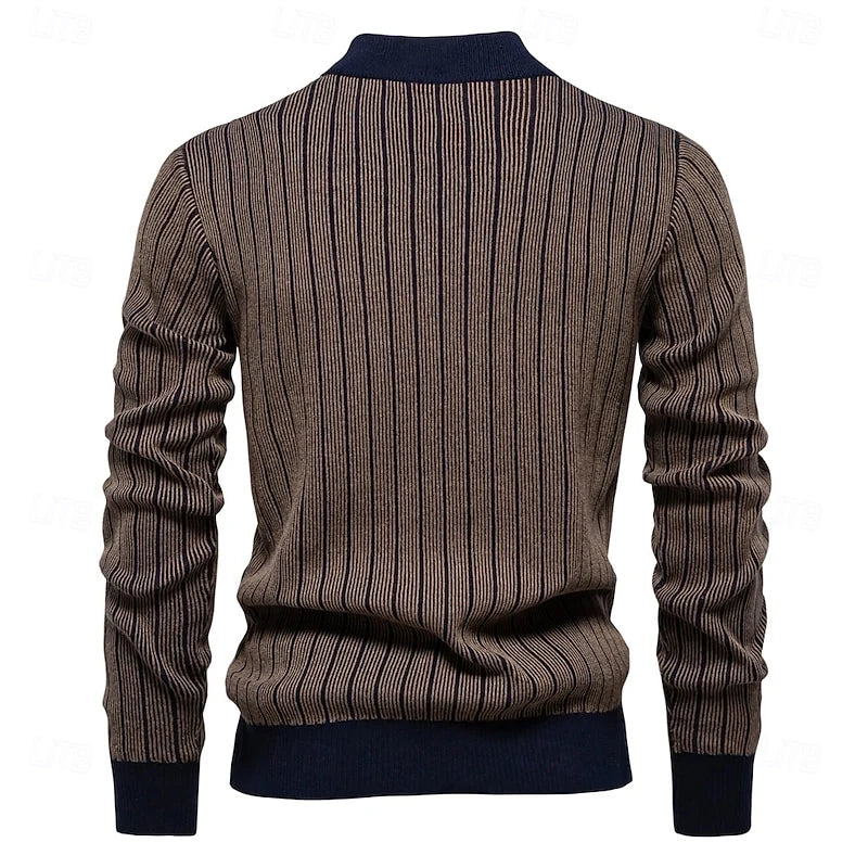 Men's khaki striped ribbed knit mock neck sweater, back view