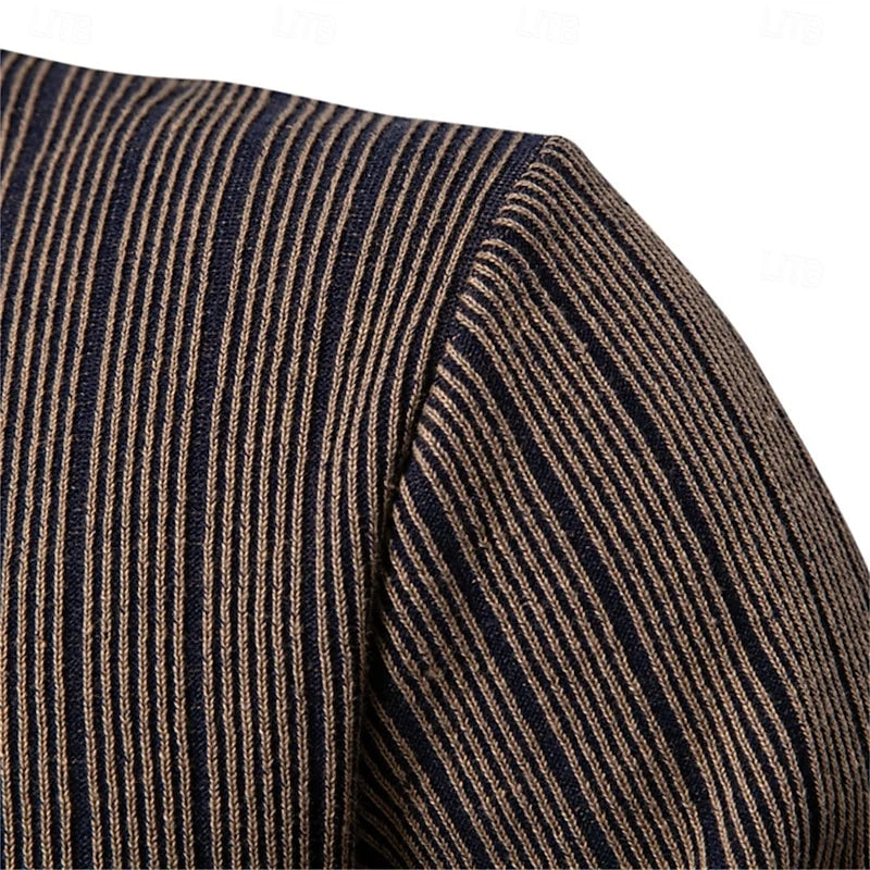 Close-up of khaki striped ribbed knit on men's mock neck sweater