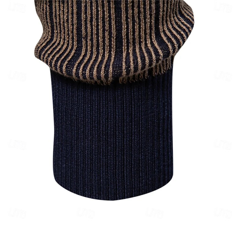 Detail of ribbed cuff on men's khaki mock neck sweater