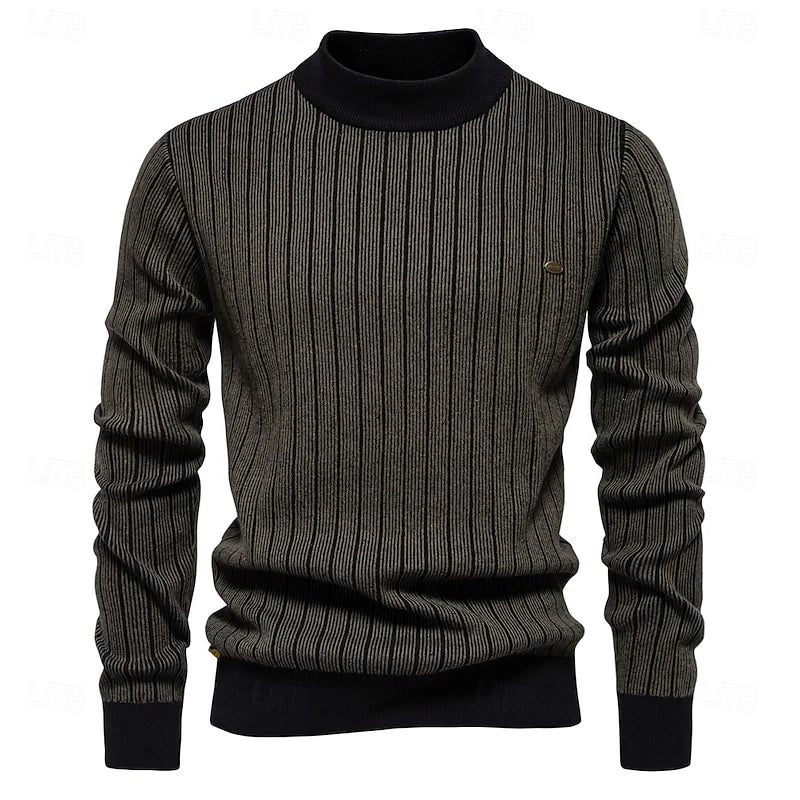 Men's dark green striped ribbed knit mock neck sweater, front view