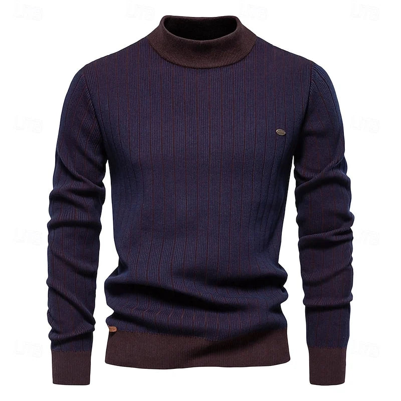 Men's dark navy striped ribbed knit mock neck sweater, front view