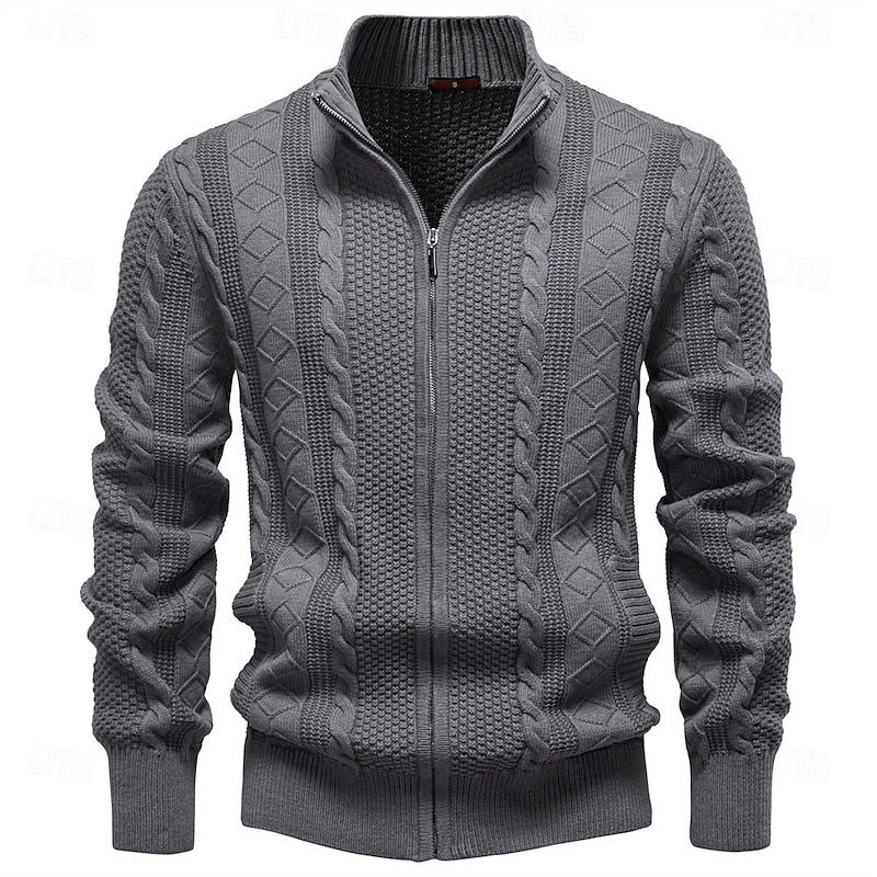 Men's dark grey textured zip-up cardigan with ribbed cuffs and hem