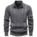Men's dark grey textured zip-up cardigan with ribbed cuffs and hem
