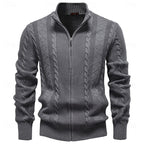 Men's dark grey textured zip-up cardigan with ribbed cuffs and hem