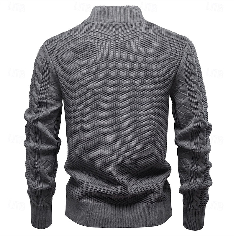 Men's dark grey textured zip-up cardigan with ribbed cuffs and hem