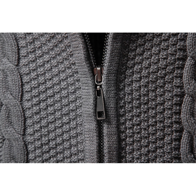 Men's dark grey textured zip-up cardigan with ribbed cuffs and hem