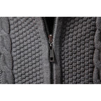 Men's dark grey textured zip-up cardigan with ribbed cuffs and hem