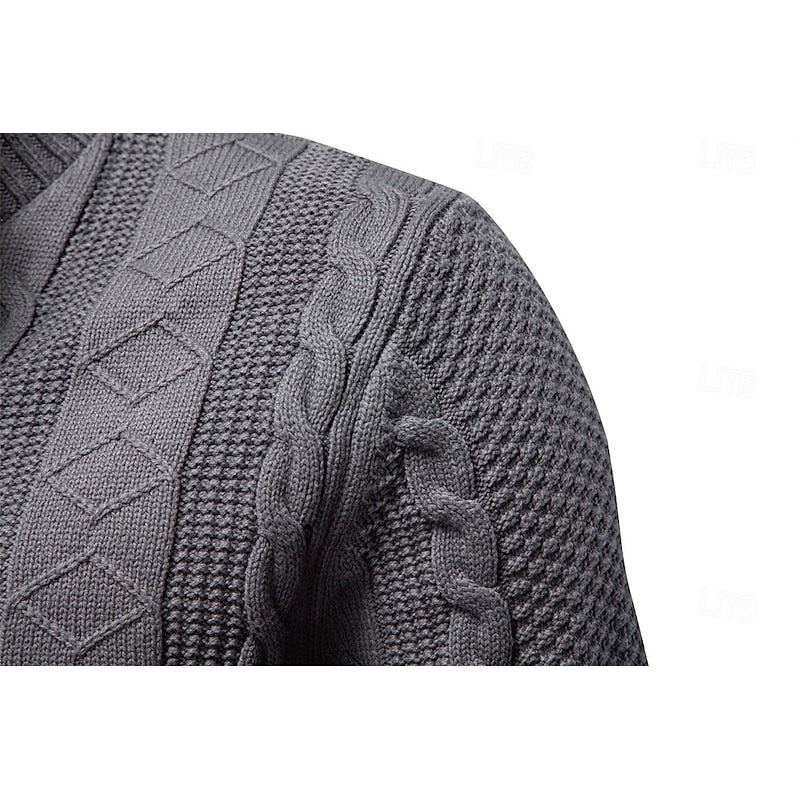 Men's dark grey textured zip-up cardigan with ribbed cuffs and hem