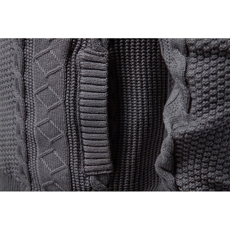 Men's dark grey textured zip-up cardigan with ribbed cuffs and hem
