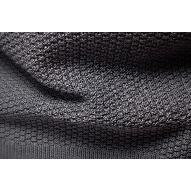 Men's dark grey textured zip-up cardigan with ribbed cuffs and hem