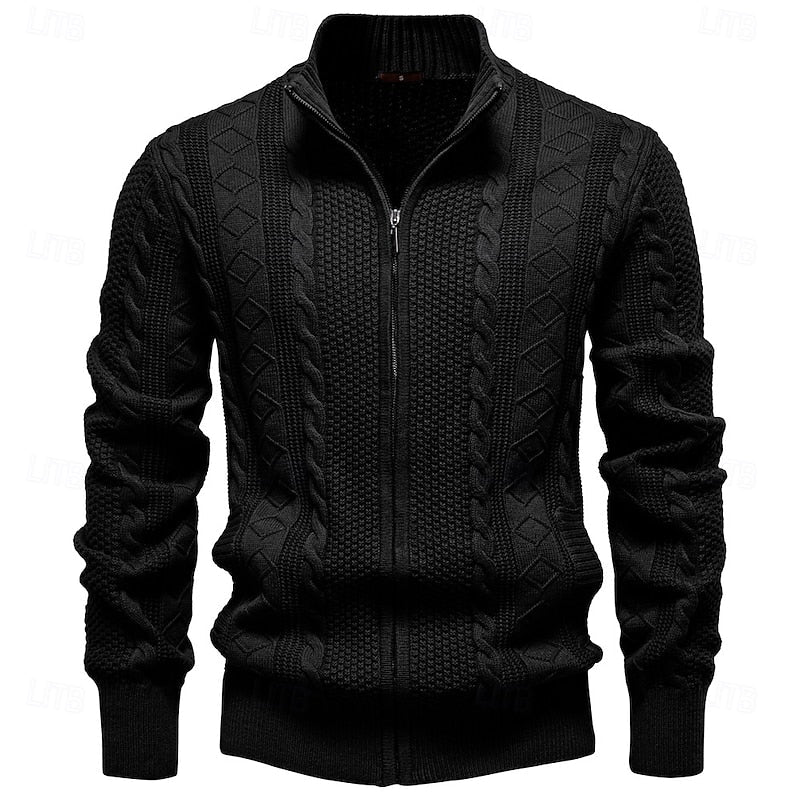 Men's black textured zip-up cardigan with ribbed cuffs and hem