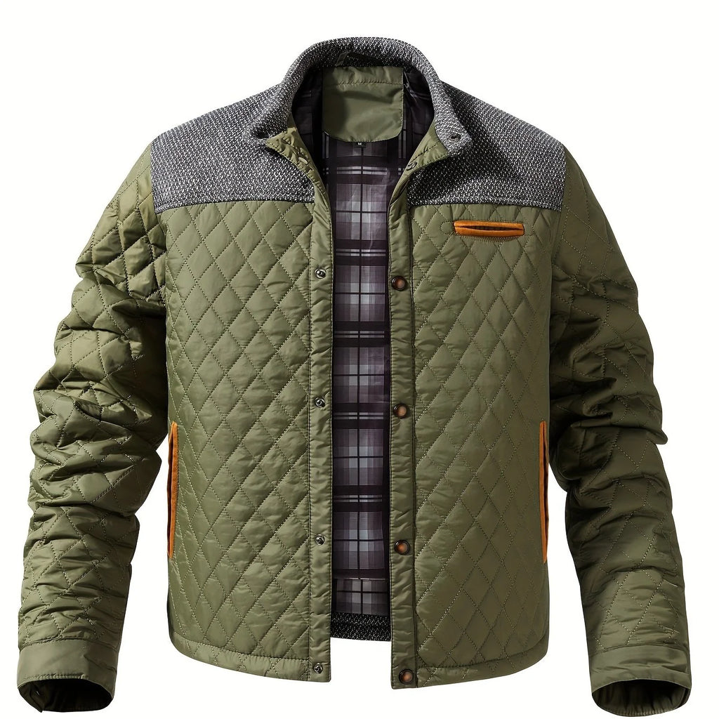 Men's fern green quilted stand-collar jacket with snap-front closure